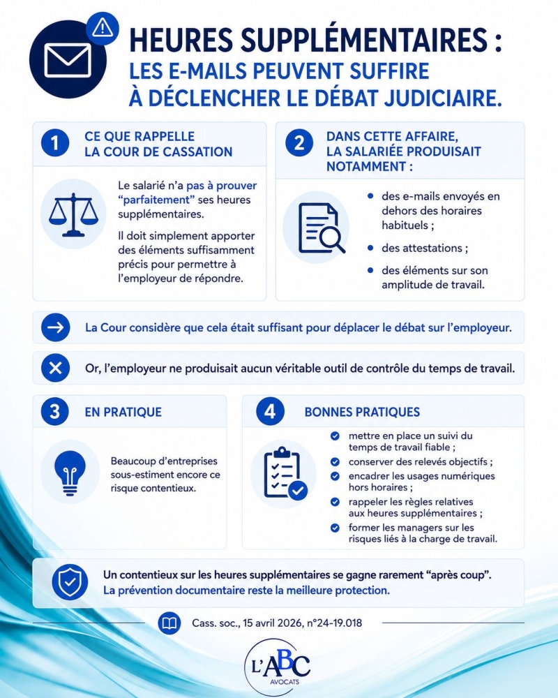 Heures supplémentaires : des e-mails peuvent suffire à déclencher un contentieux